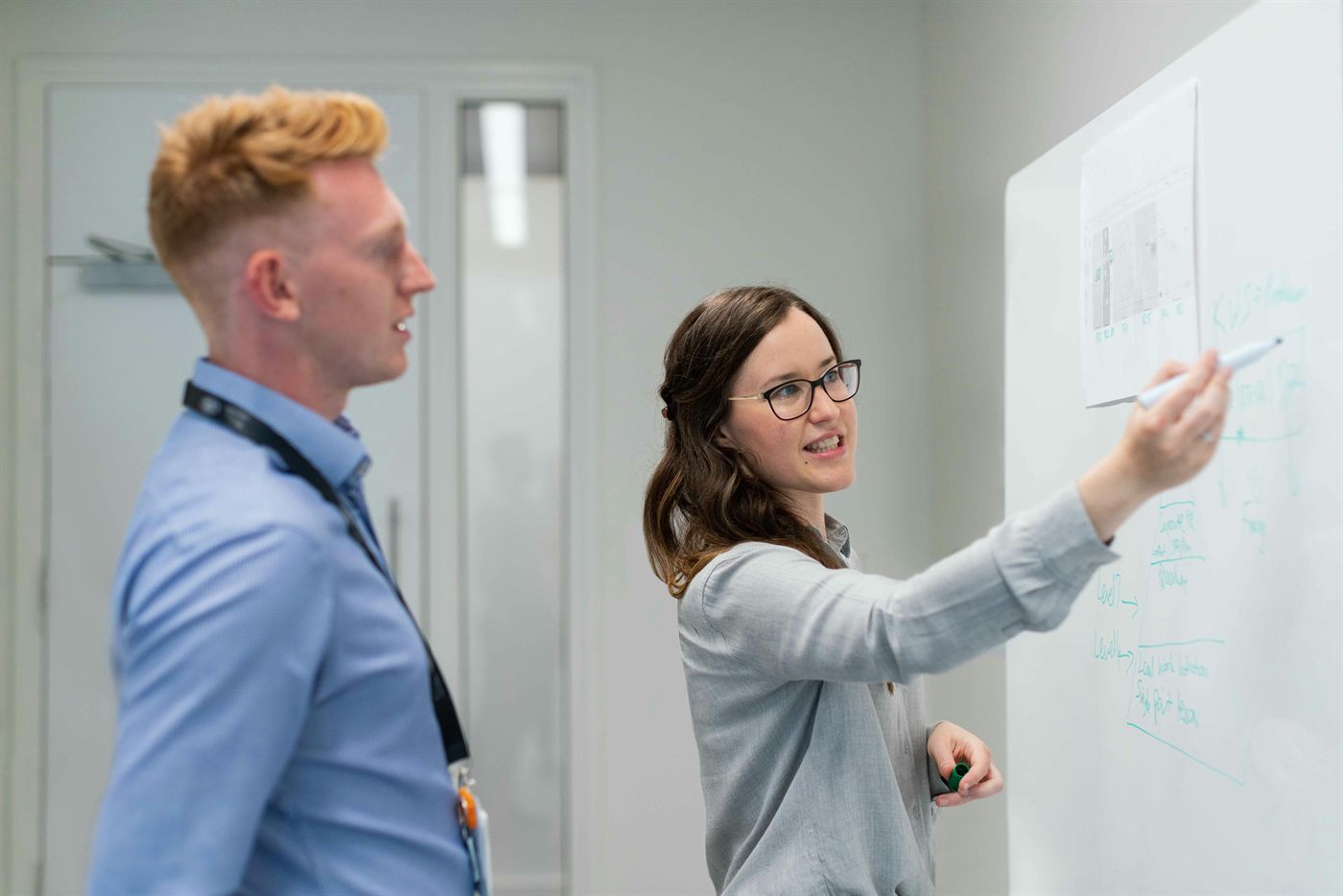 Finance-Beratung am Whiteboard: zwei Fachleute besprechen Reporting-Strukturen