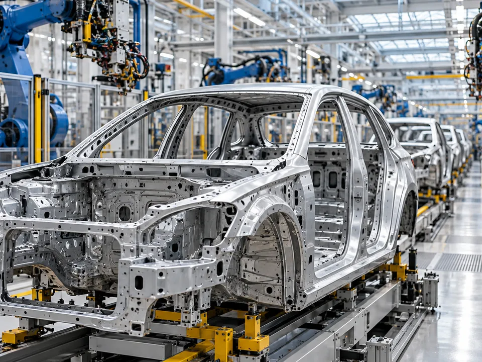 KI-generiertes Symbolbild: Karosserie auf einer modernen automobilen Fertigungslinie mit Industrierobotern.