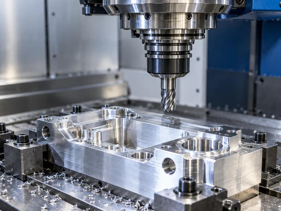 KI-generiertes Symbolbild: Detail einer Präzisionsfräsmaschine mit metallischem Werkstück.