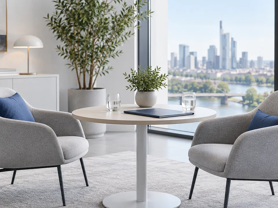 Besprechungsecke mit rundem Tisch, zwei Sesseln und dunkelblauer Mappe, im Fenster eine Hochhaus-Skyline am Fluss