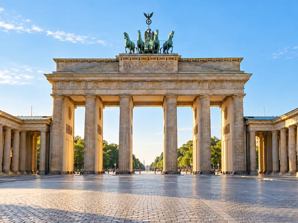 KI-generierte Illustration: Brandenburger Tor in Berlin bei hellem Tageslicht.