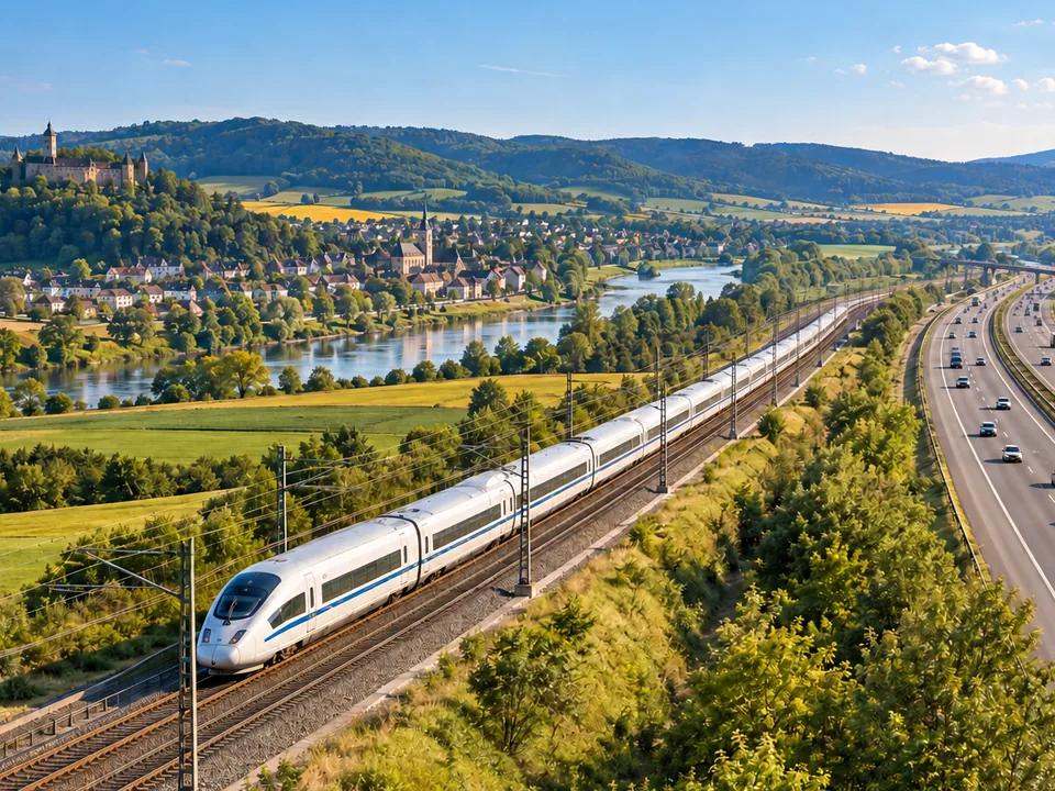 KI-generierte Illustration: Fernzug und Autobahn in einer weiten deutschen Landschaft.