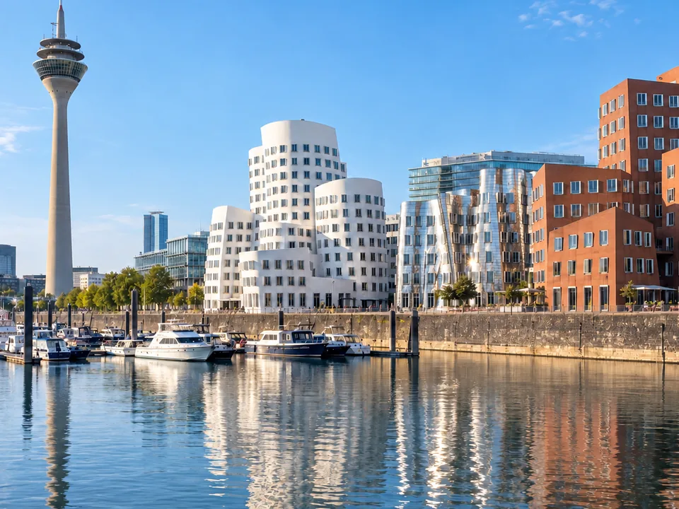 KI-generierte Illustration: Düsseldorfer Medienhafen mit Rheinturm und Gehry-Bauten.