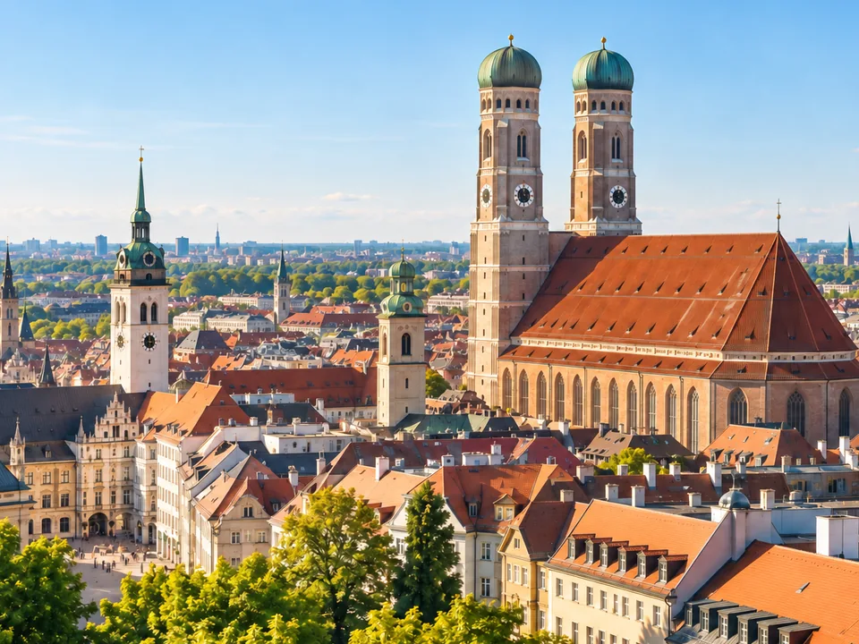 KI-generierte Illustration: Münchner Altstadt mit den Türmen der Frauenkirche.